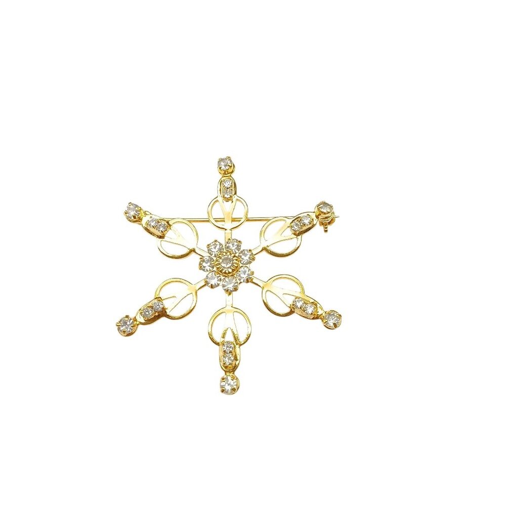 Gold Tone Crystal Snowflake Brooch Pin Jewelry